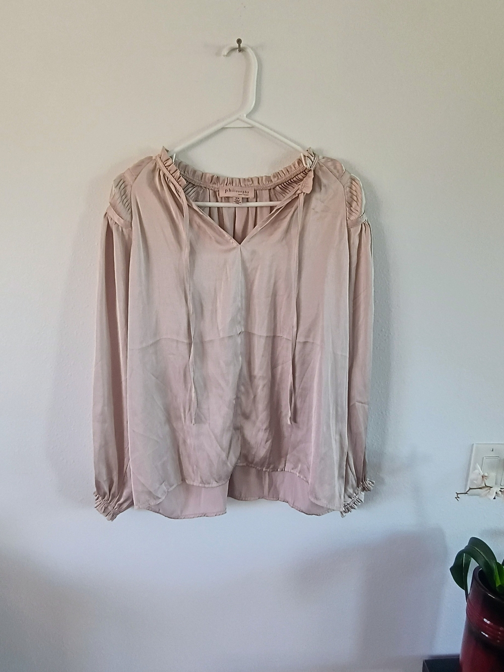 Philosophy Blush Pink Peasant Blouse Tie Neck Balloon Sleeve Boho Top S